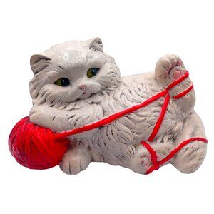 Vintage 11.5" White Persian Cat Green Eyes Figurine Playing With Red Yarn Statue